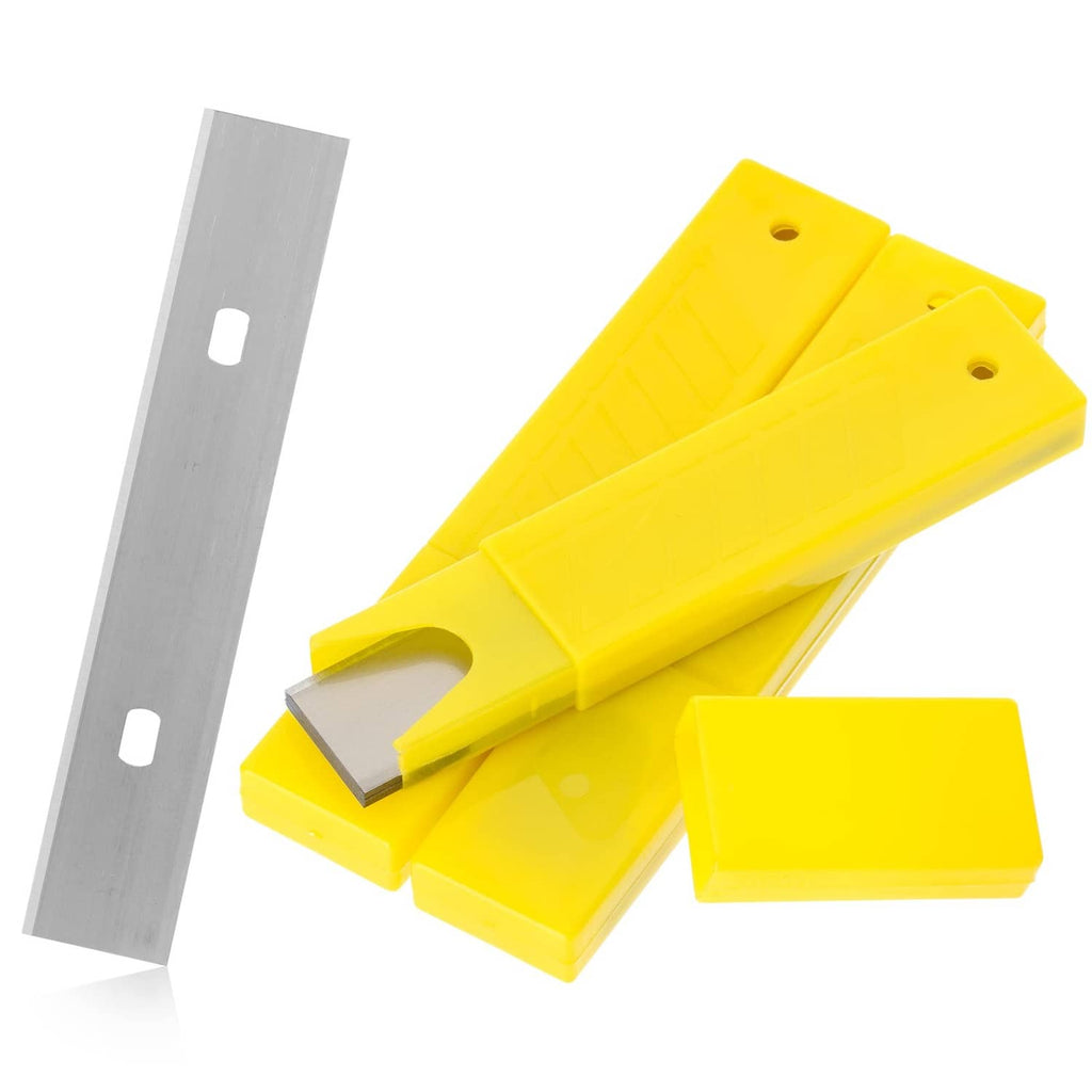Yellow holder replacement scraper blades with exposed stainless cutting edge and mounting holes