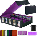 Purple and black 5-row trading card storage box with hinged lid and visible card windows