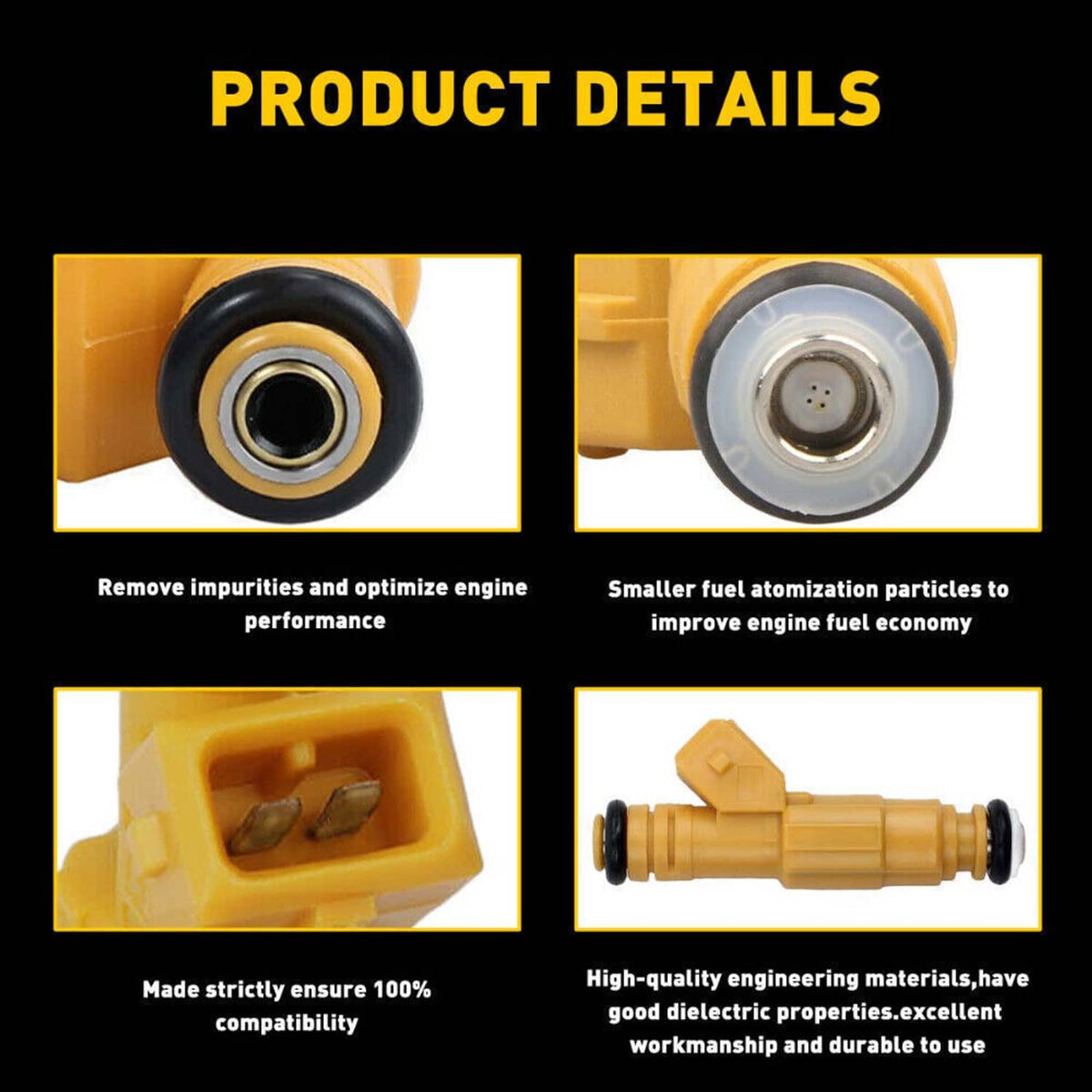 Fuel injector close-ups showing black seal rings, nozzle tip, and connector body