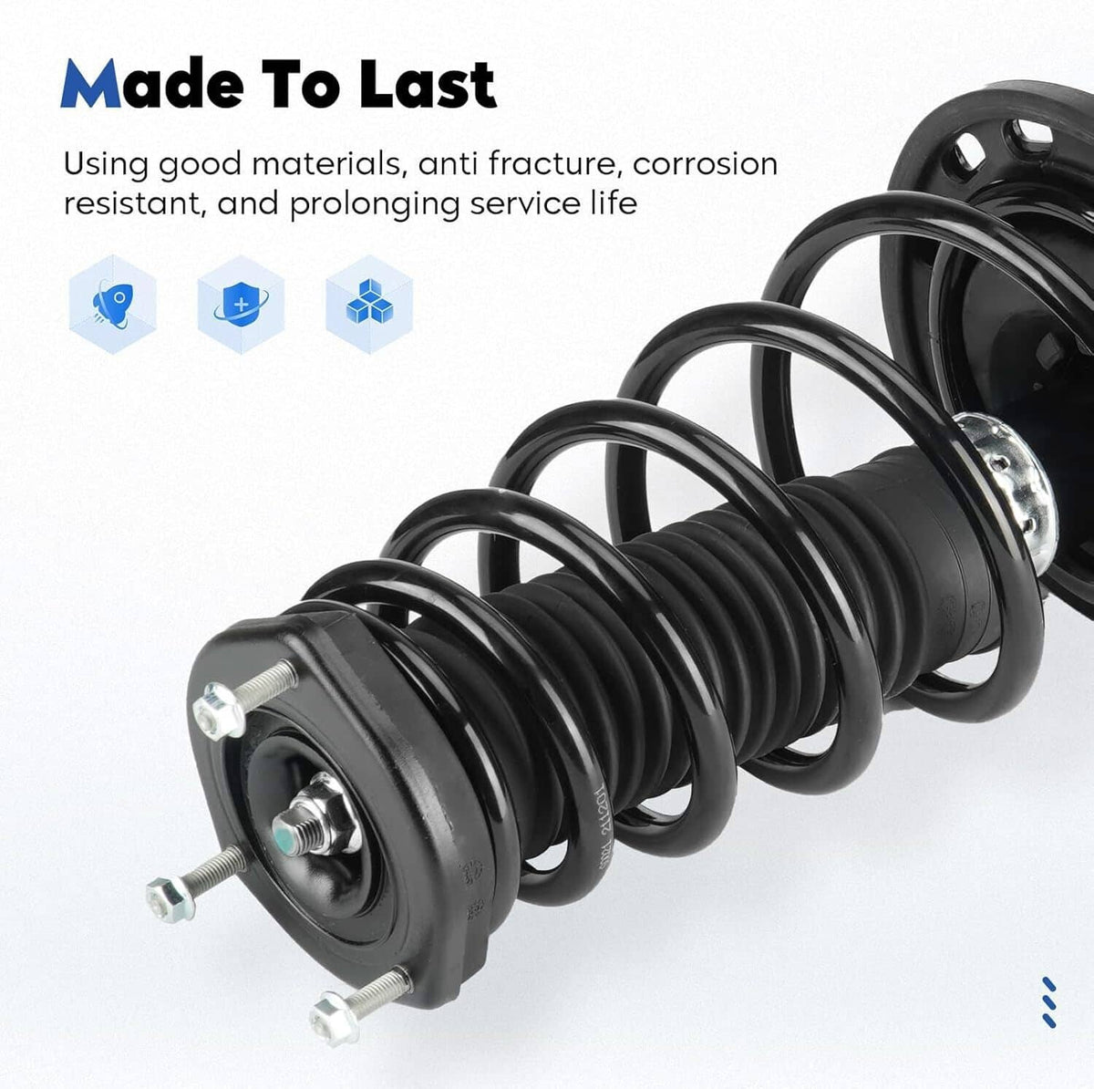 Black shock strut with coil spring and top mount hardware, made-to-last product view on white.
