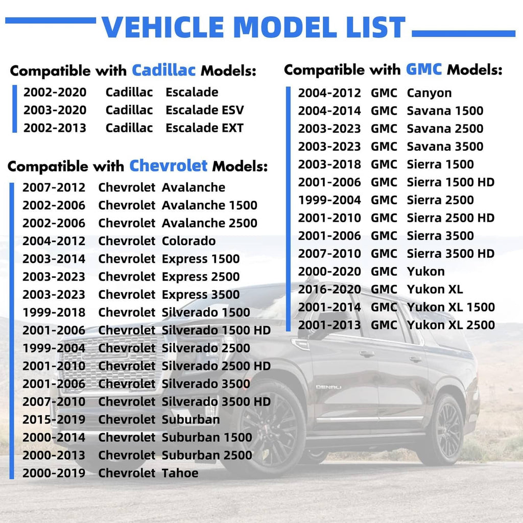 Compatibility chart for camber bolt kit listing Cadillac, Chevrolet, and GMC models