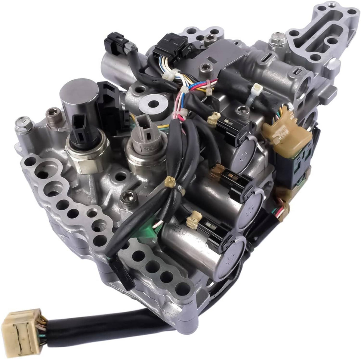 CVT transmission valve body assembly with wiring and connector ports on metal housing