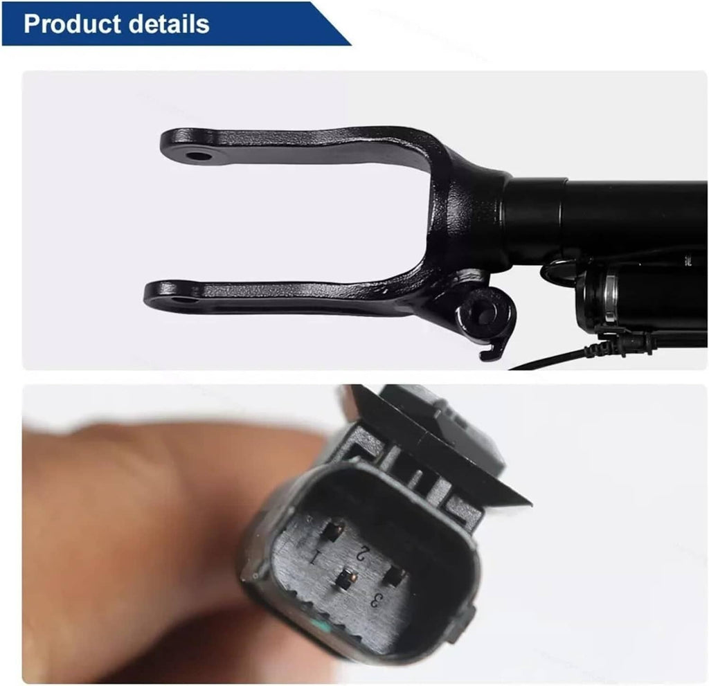 Front air suspension strut detail showing metal fork bracket and electrical connector close-up