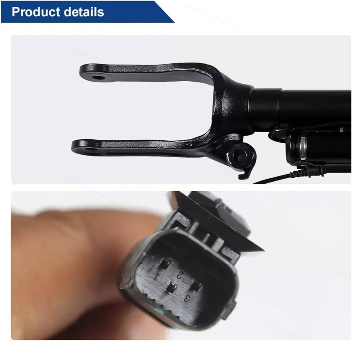 Front air suspension strut detail showing metal fork bracket and electrical connector close-up