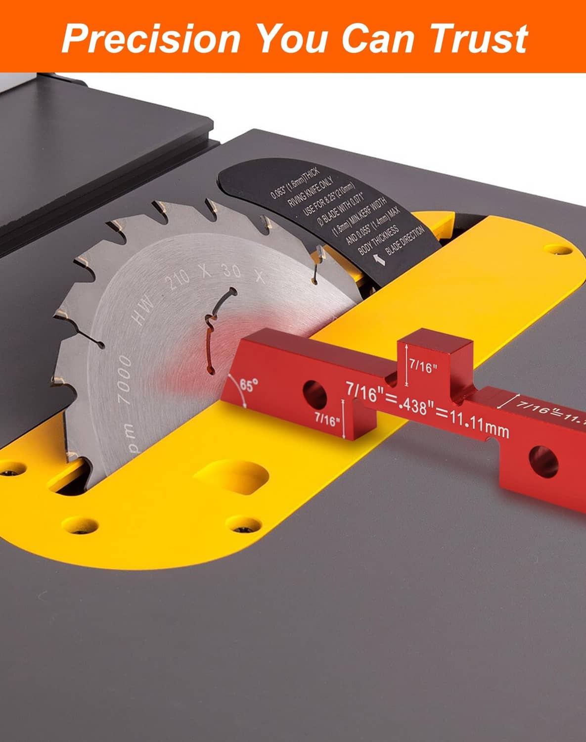 Red aluminum setup block and gauge markings near a circular saw blade