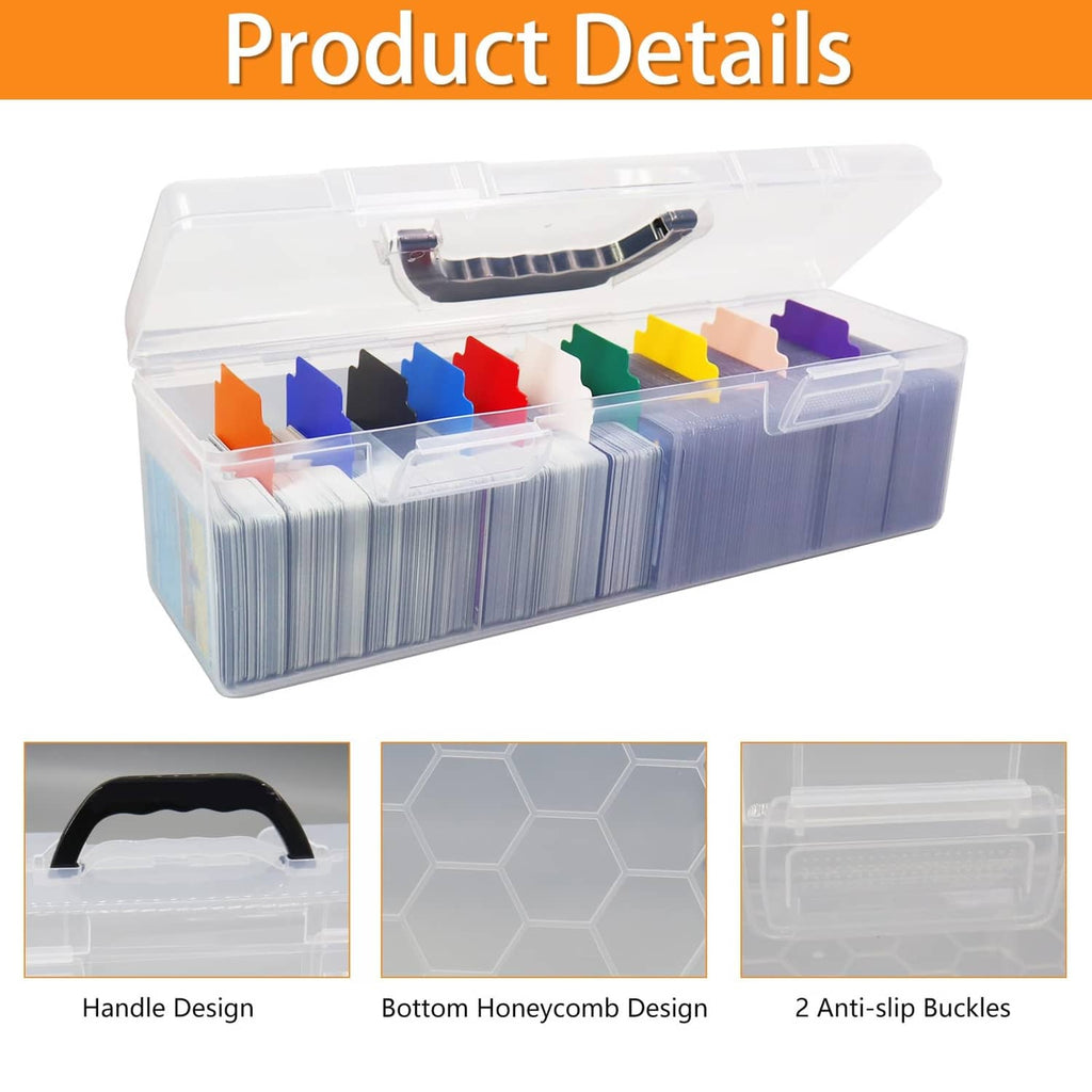 Clear plastic trading card storage box detail view with handle, compartments, and buckles