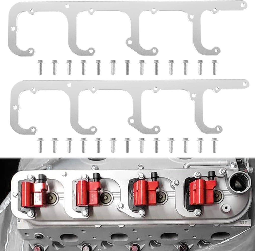 Silver coil bracket plates with bolts and installed coil packs on engine