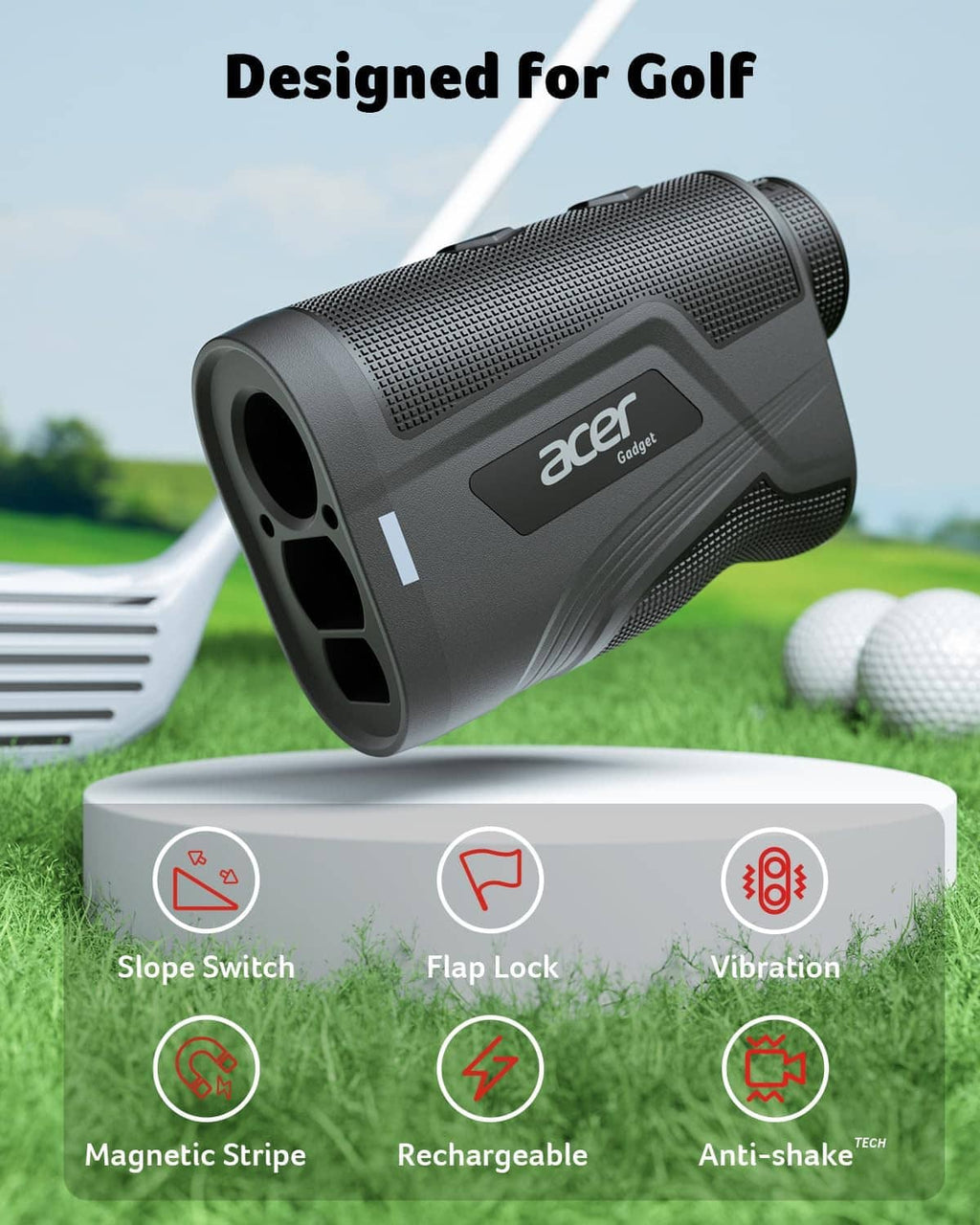 Gray handheld golf rangefinder on a stand with feature icons around it