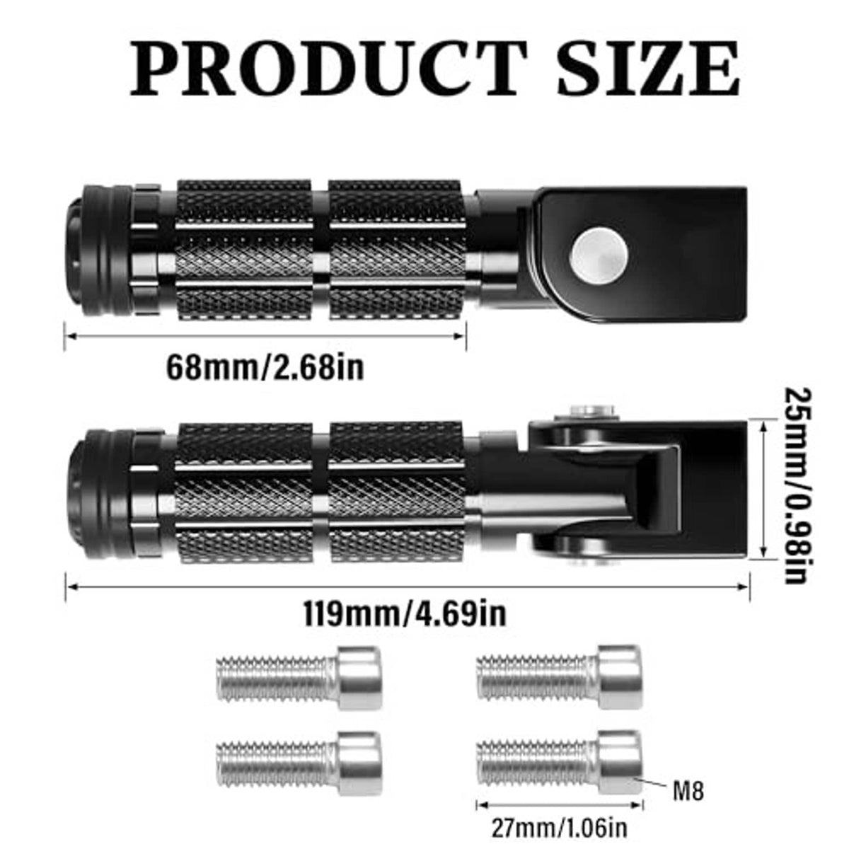 Black foldable motorcycle foot peg with knurled grips and included M8 mounting bolts