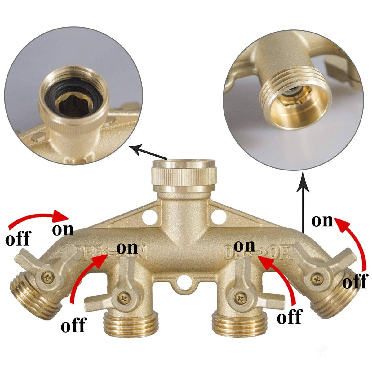 Brass 4-way hose splitter with four threaded outlets and built-in shutoff control points