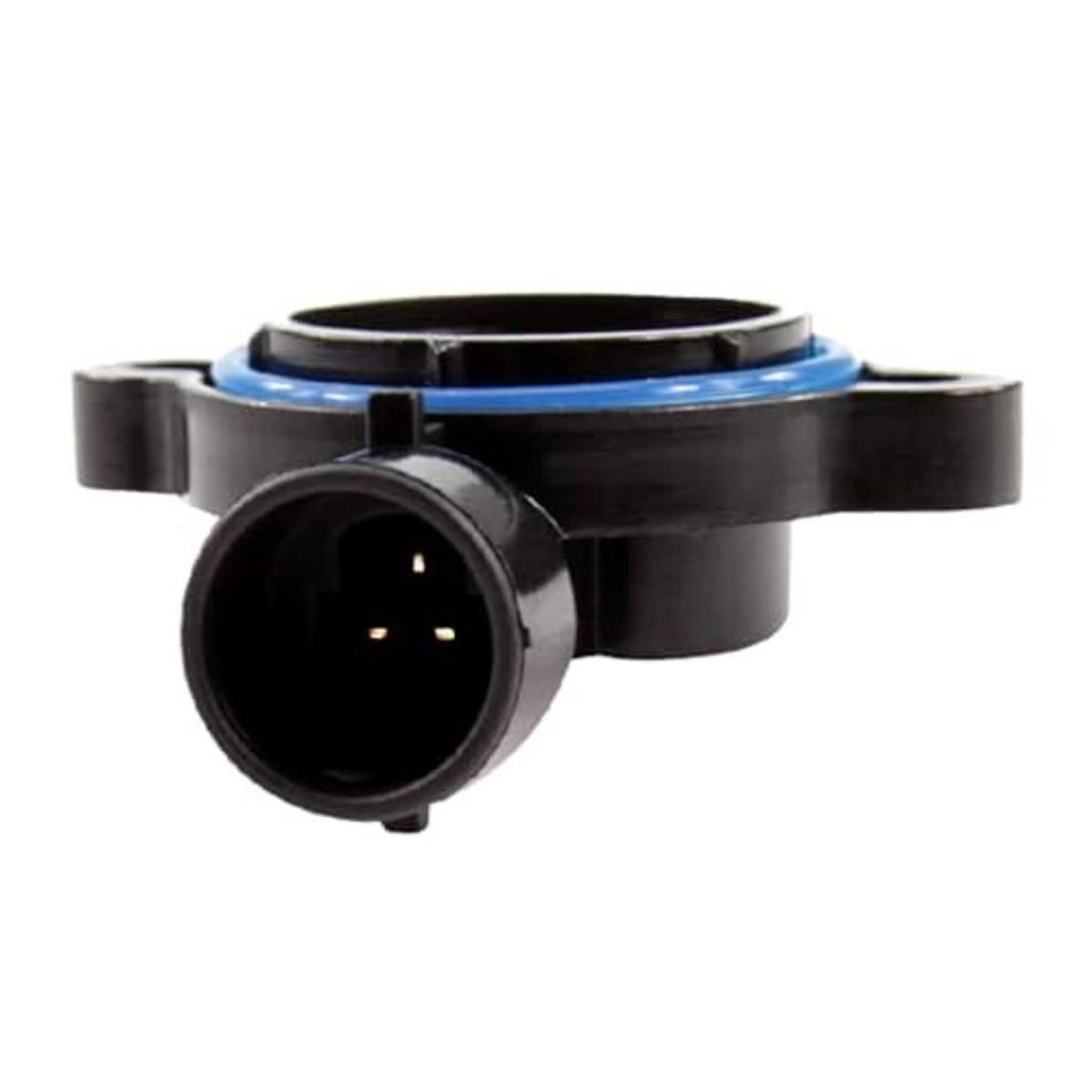Throttle position sensor showing front black circular electrical connector and blue ring