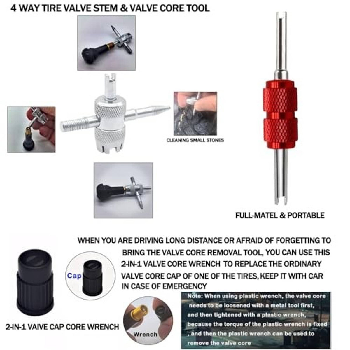 Red valve stem puller with metal hook and long stem