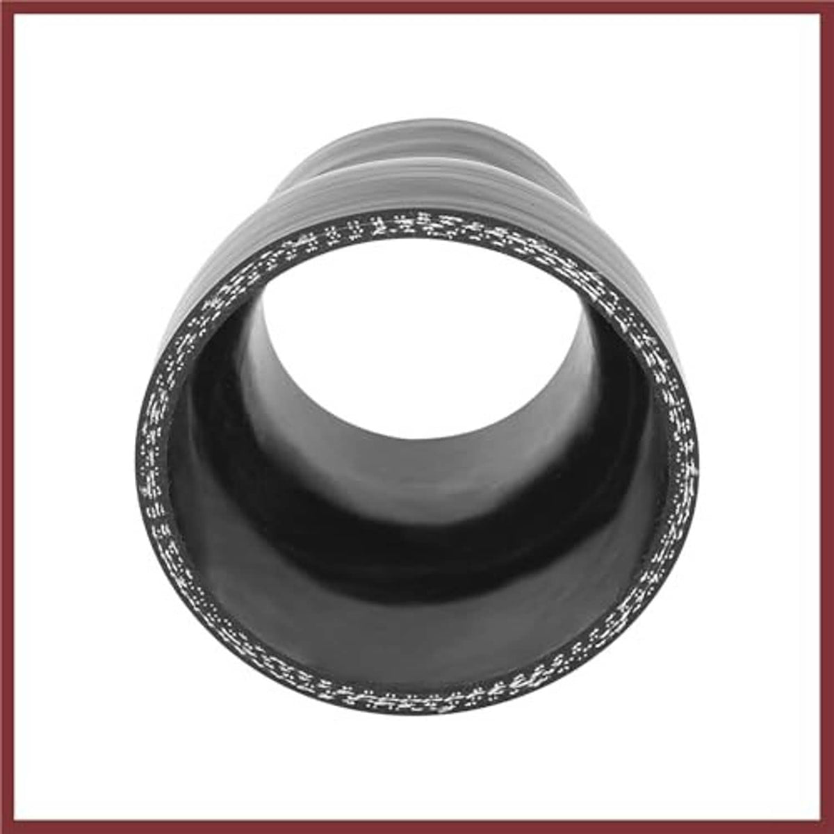 Black silicone hose coupler reducer, end-on view showing textured silver sealing rim