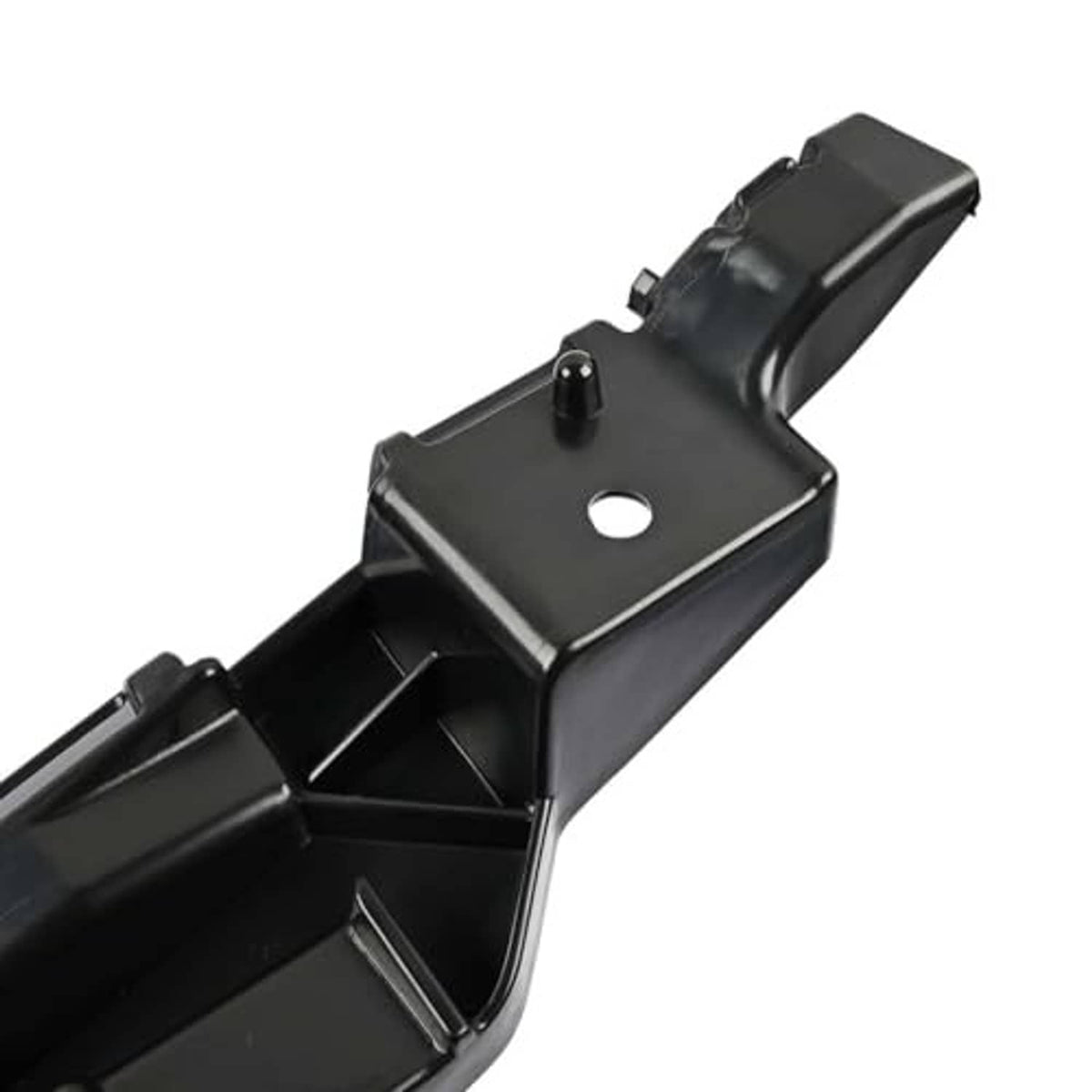 Front bumper cover support bracket end with round hole and raised mounting tab