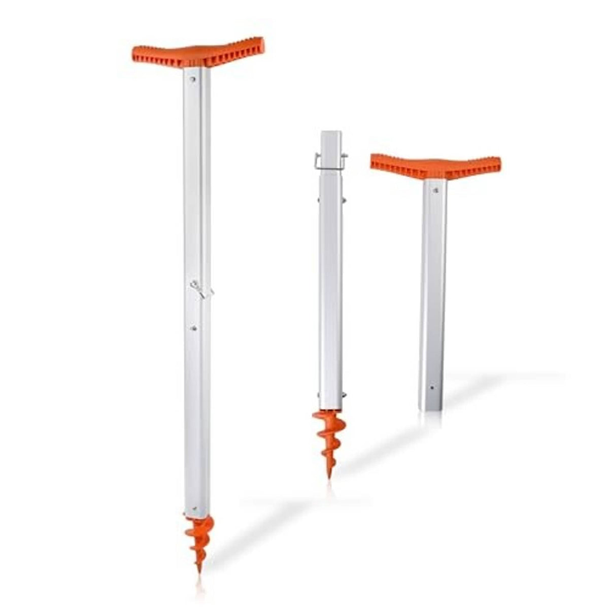 Orange-tipped aluminum sand anchor with folding handle and pointed auger for sandbeds