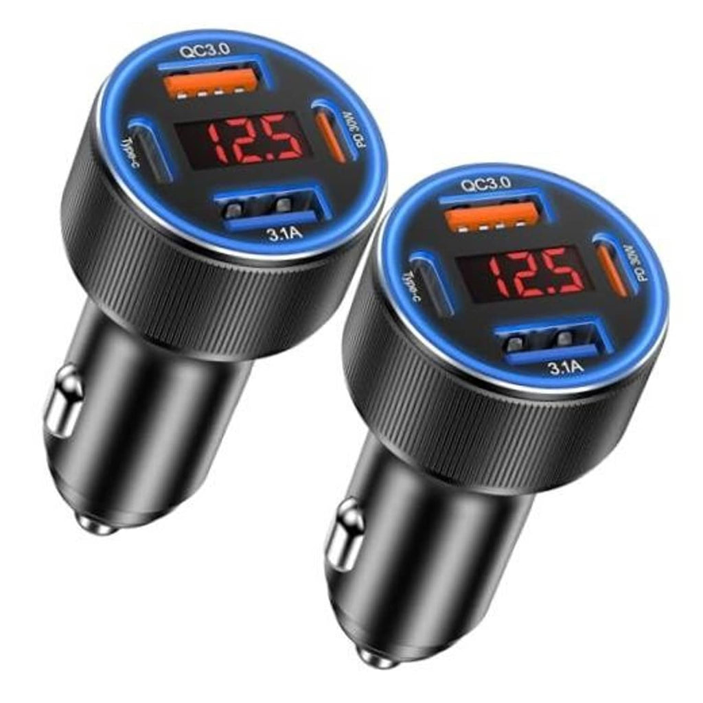 Two black car USB-C chargers with blue LED rings and digital 12.5V display.