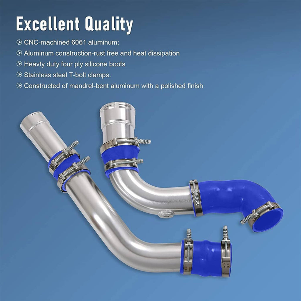 Intercooler pipe upgrade kit with two curved polished tubes and blue silicone couplers