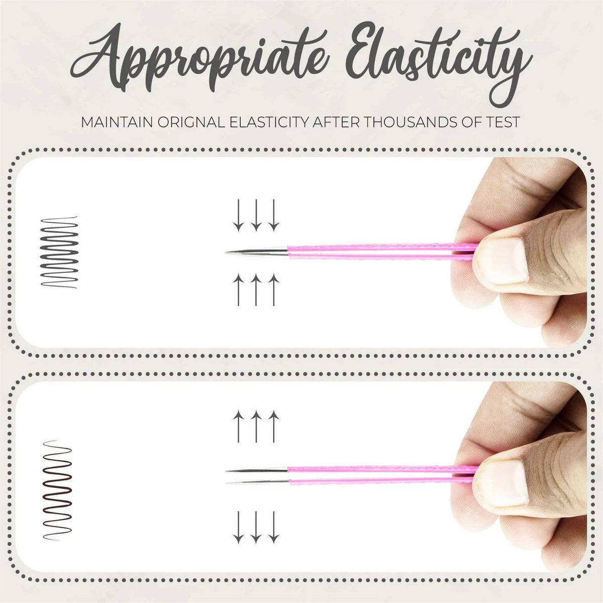 Pink eyelash tweezers shown with spring-resistance elasticity diagram