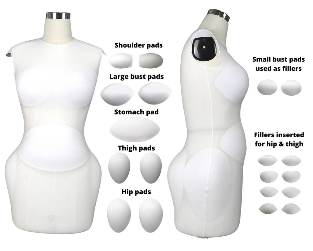 White dress form padding setup with shoulder, large bust, stomach, thigh, and hip pads