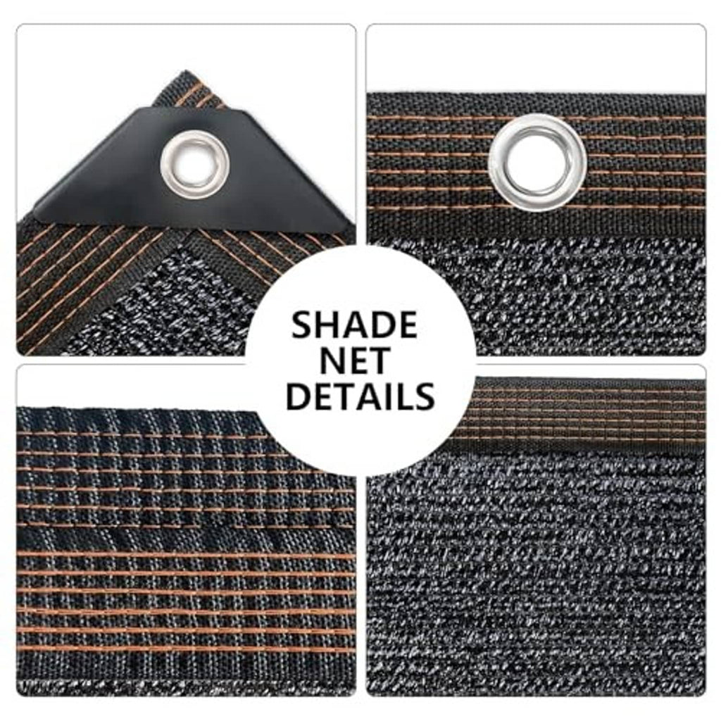 Black shade net fabric detail with reinforced edges and metal grommet rings.