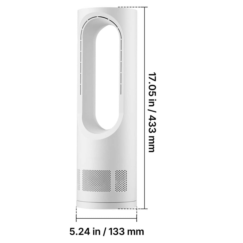 White bladeless desk fan side view with height and width measurements