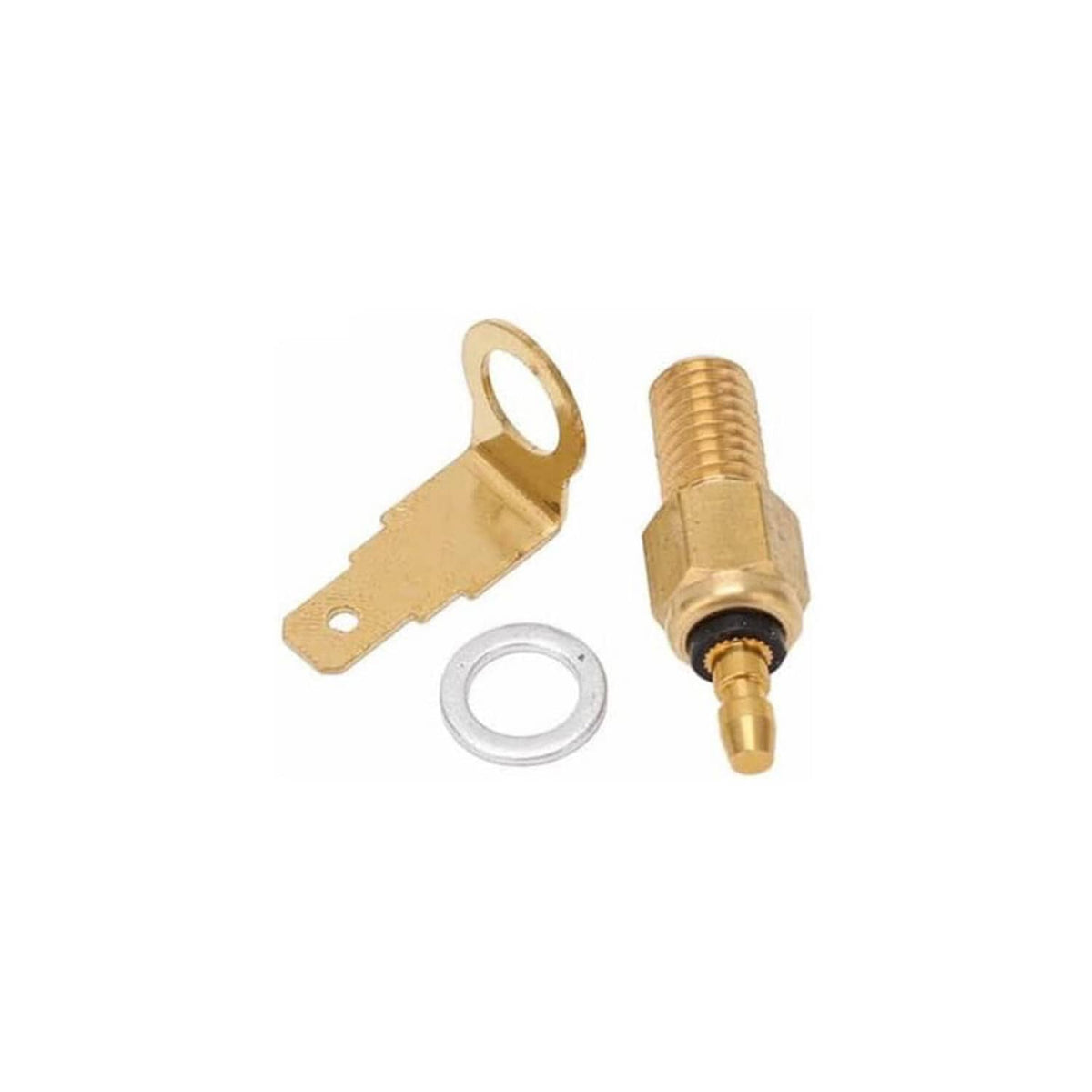 Carburetor rebuild kit parts: brass inlet fitting, metal tab, and gasket ring