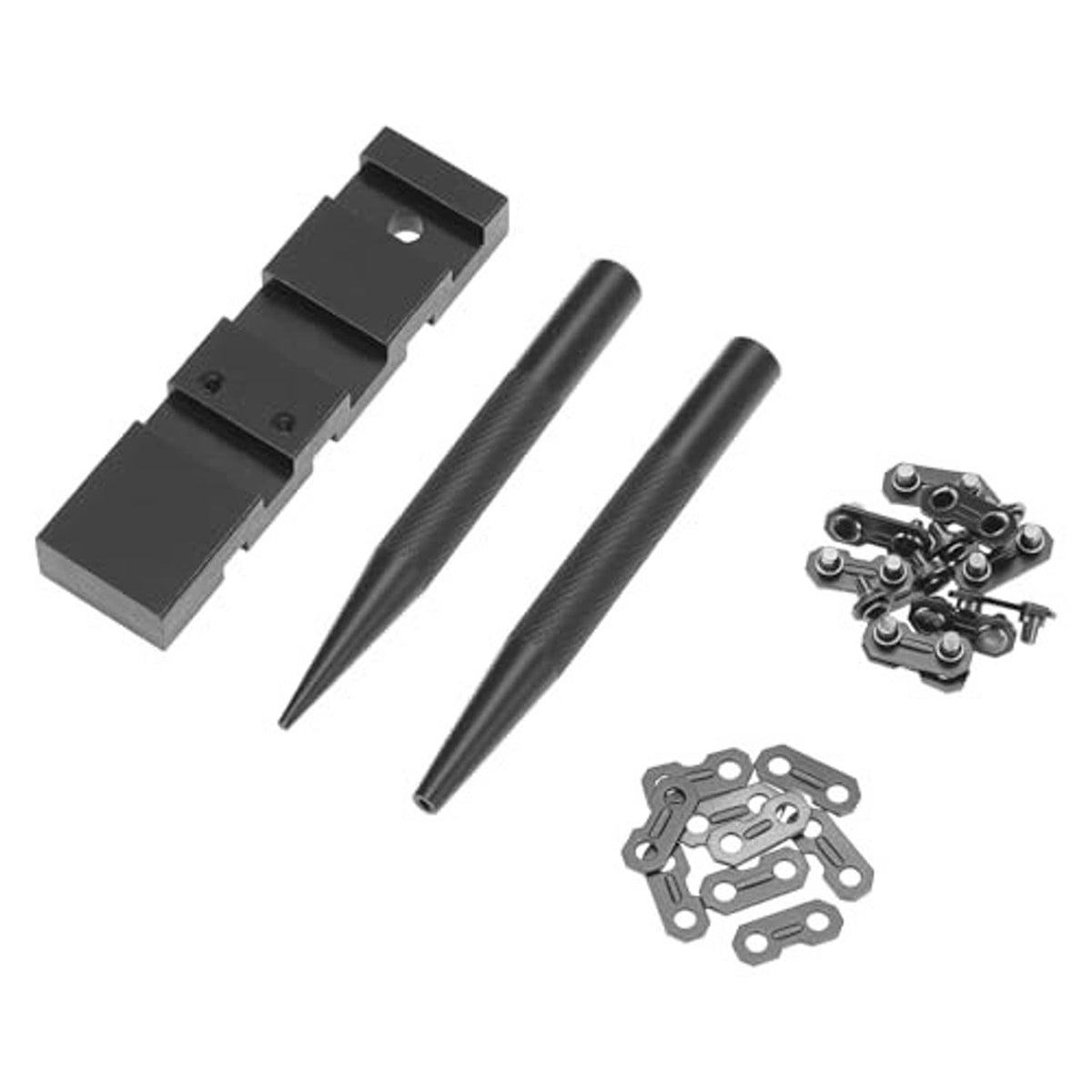 Chainsaw chain joiner kit with black breaker block, two pins, and metal link plates
