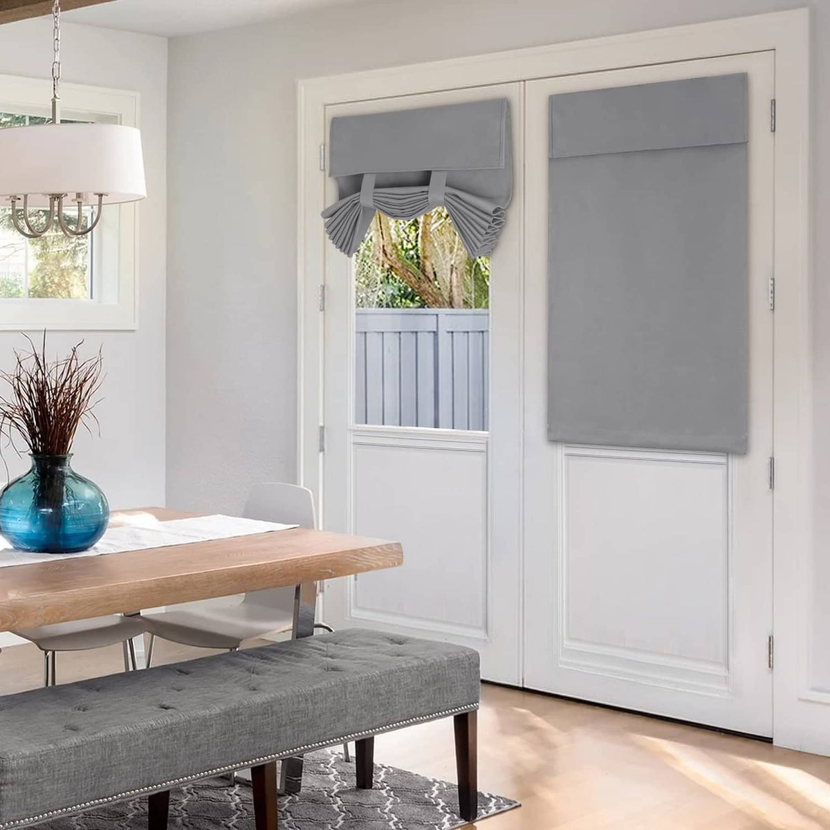 Light grey blackout door window curtain panel on double French doors with valance