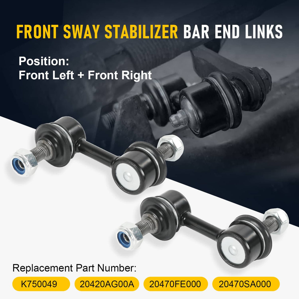 Front sway bar end link pair with black arms and white rubber center pads