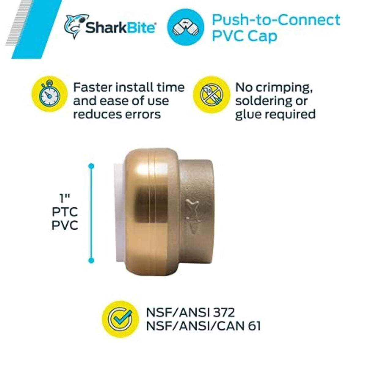 Brass push-to-connect PVC cap fitting with gray textured push collar and white ring