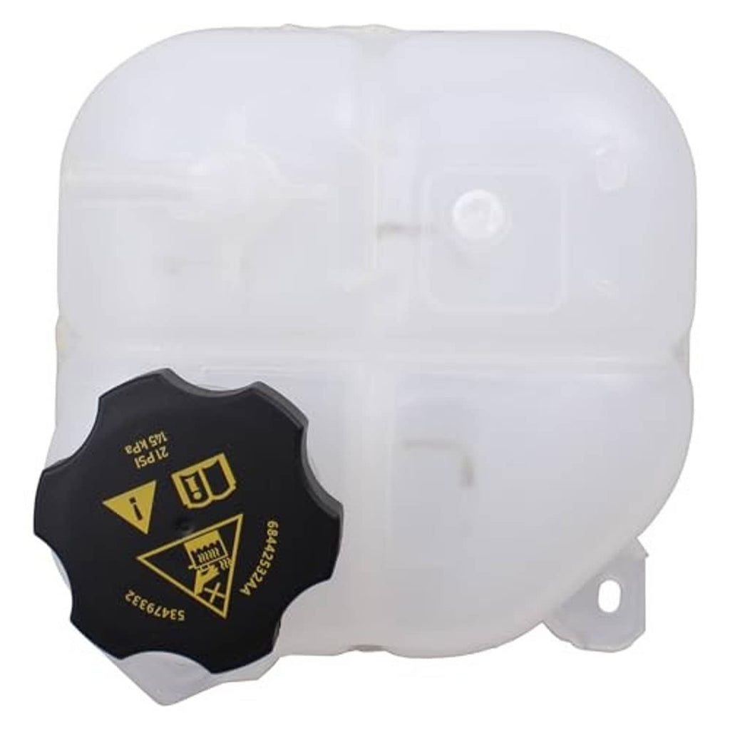 White coolant reservoir tank bottle with black underside cap and front outlet opening