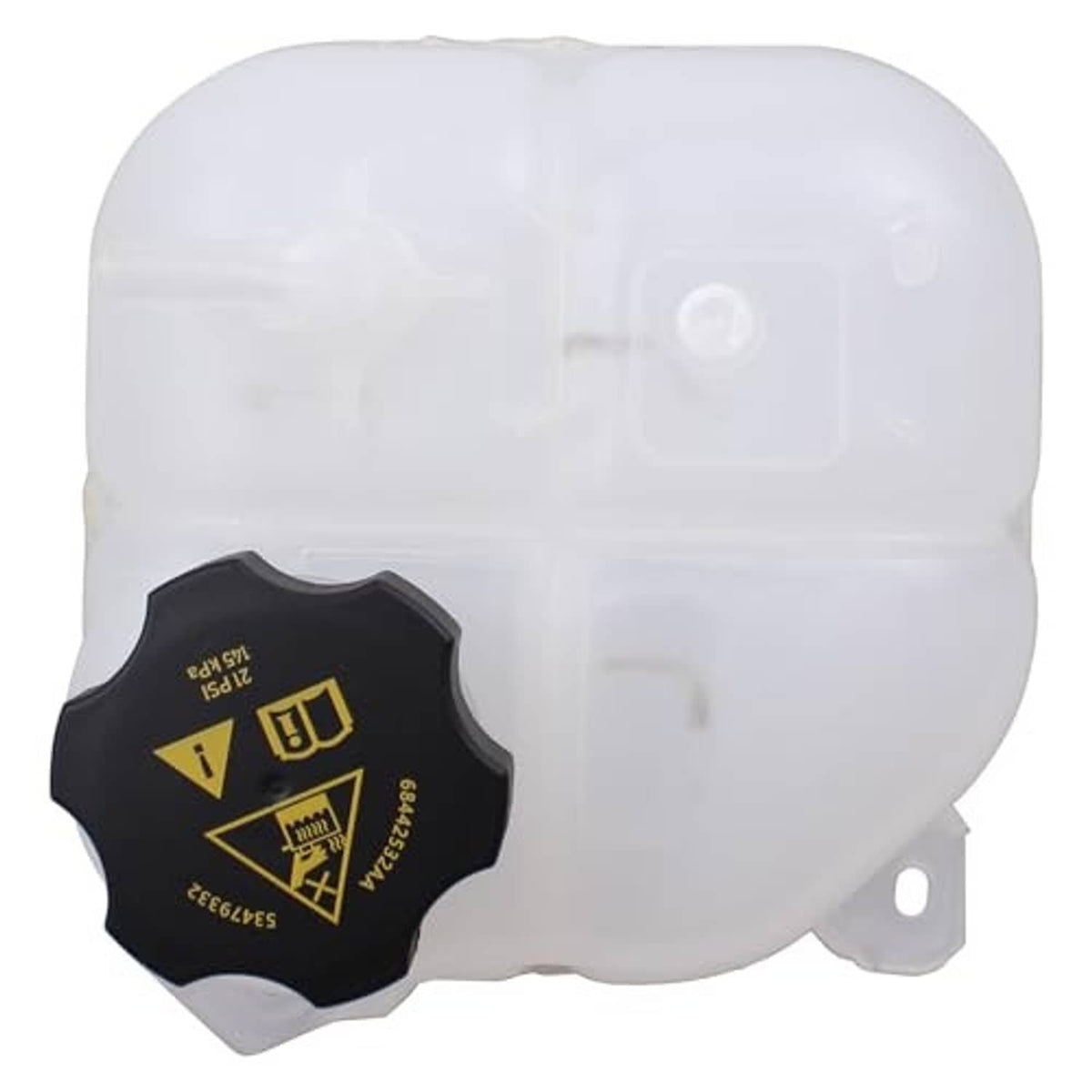 White coolant reservoir tank bottle with black underside cap and front outlet opening