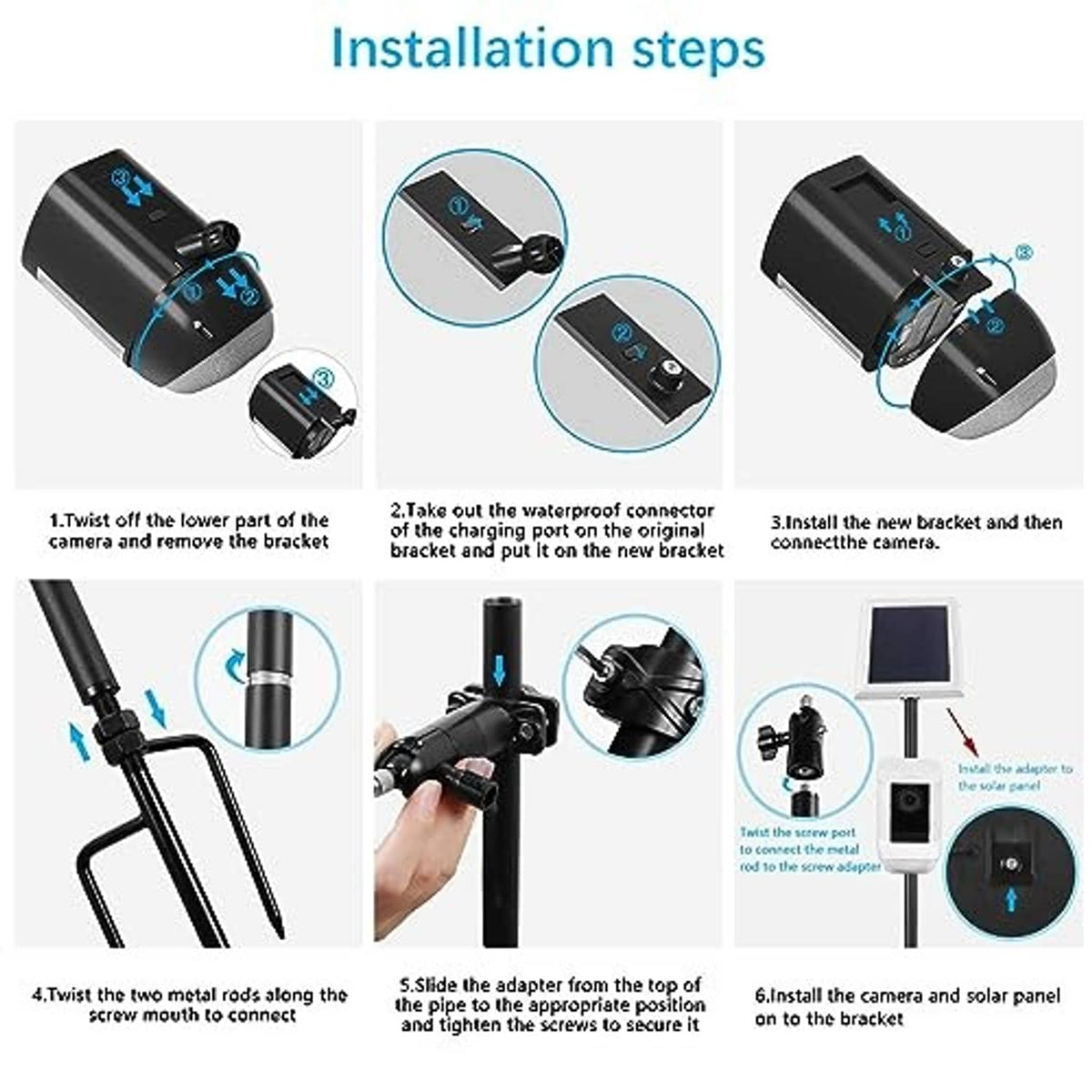 Installation steps graphic for solar panel ground mount stand showing bracket connections