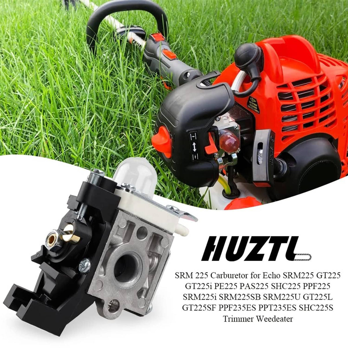 Carburetor kit parts shown with a red string trimmer engine