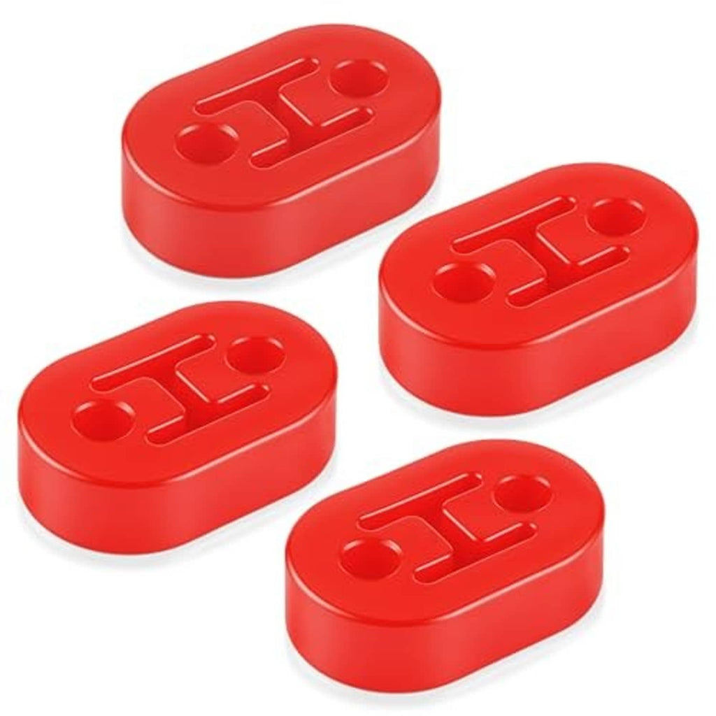 Four red rubber exhaust hangers, oval blocks with embossed logo and circular mounting holes