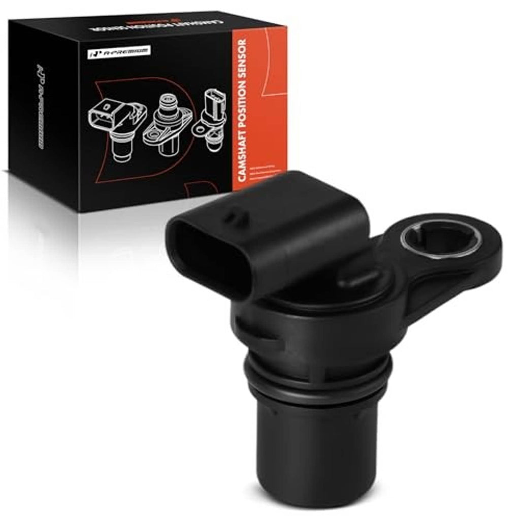 Black camshaft position sensor angled view with circular electrical connector
