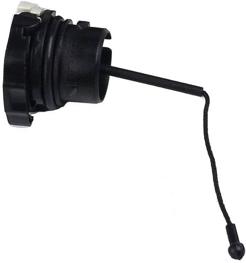 Chainsaw fuel and oil cap replacement with black housing and pull cord, close-up