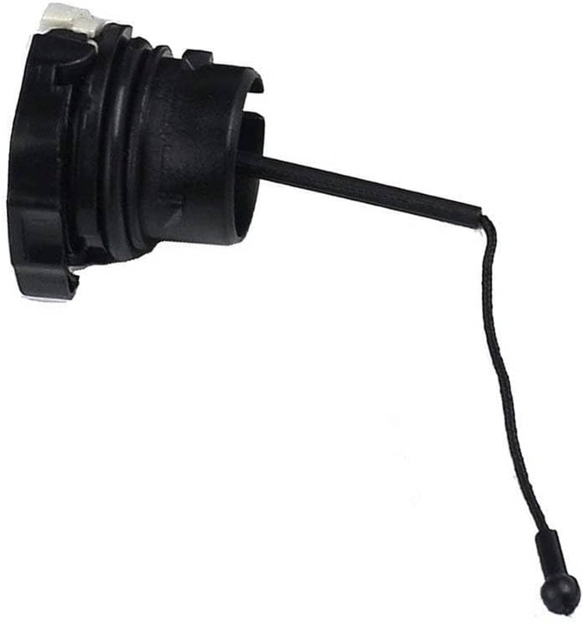 Chainsaw fuel and oil cap replacement with black housing and pull cord, close-up