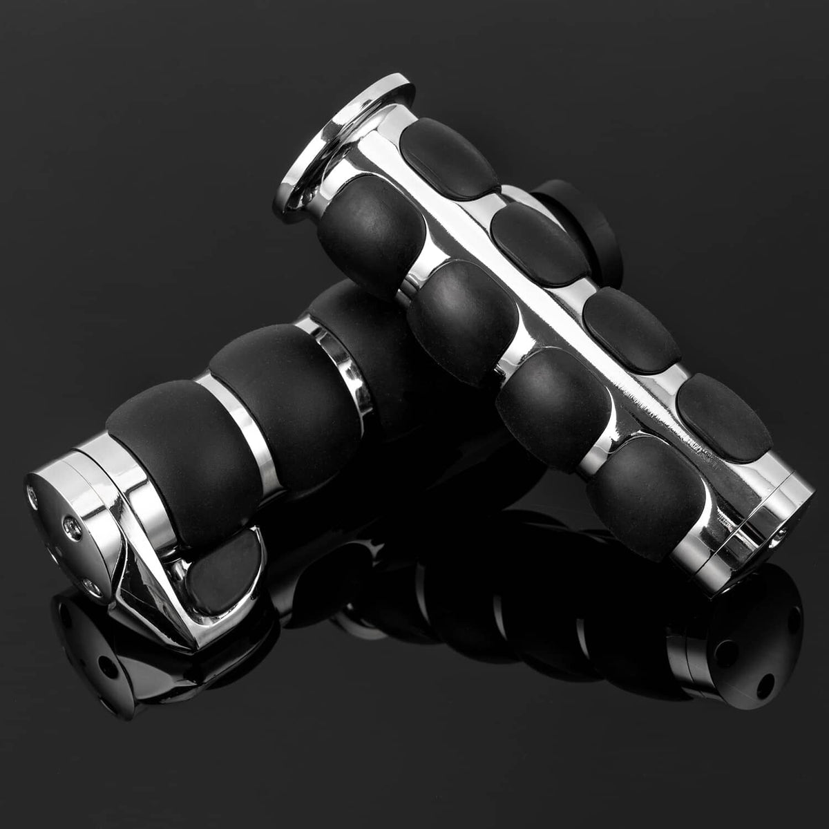 Handlebar hand grips pair, black rubber pads with chrome trim and metal end mounts