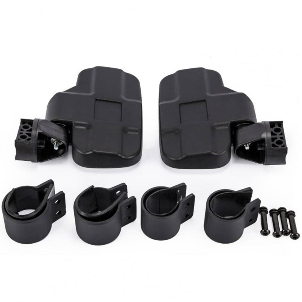 UTV mirror mounting hardware with black strap clamps and screws