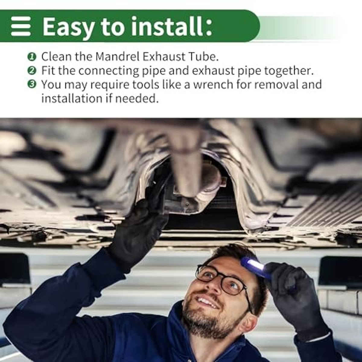 Mechanic installing a mandrel exhaust U-bend pipe under a vehicle