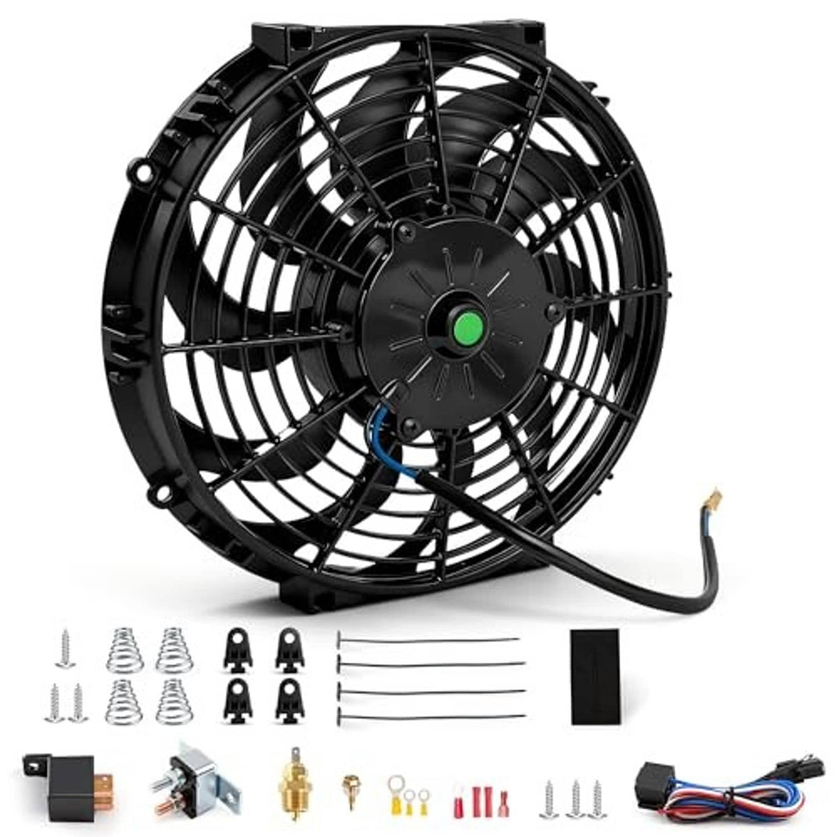 12-inch radiator cooling fan in black housing with wired power lead