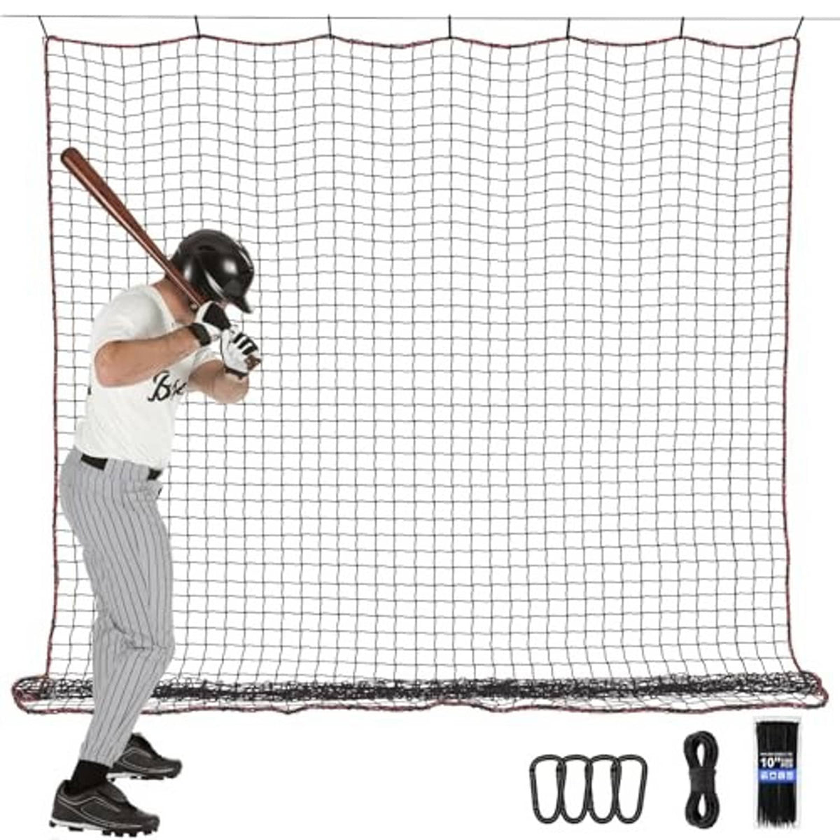 Sports backstop net barrier with white mesh squares and red-trimmed perimeter