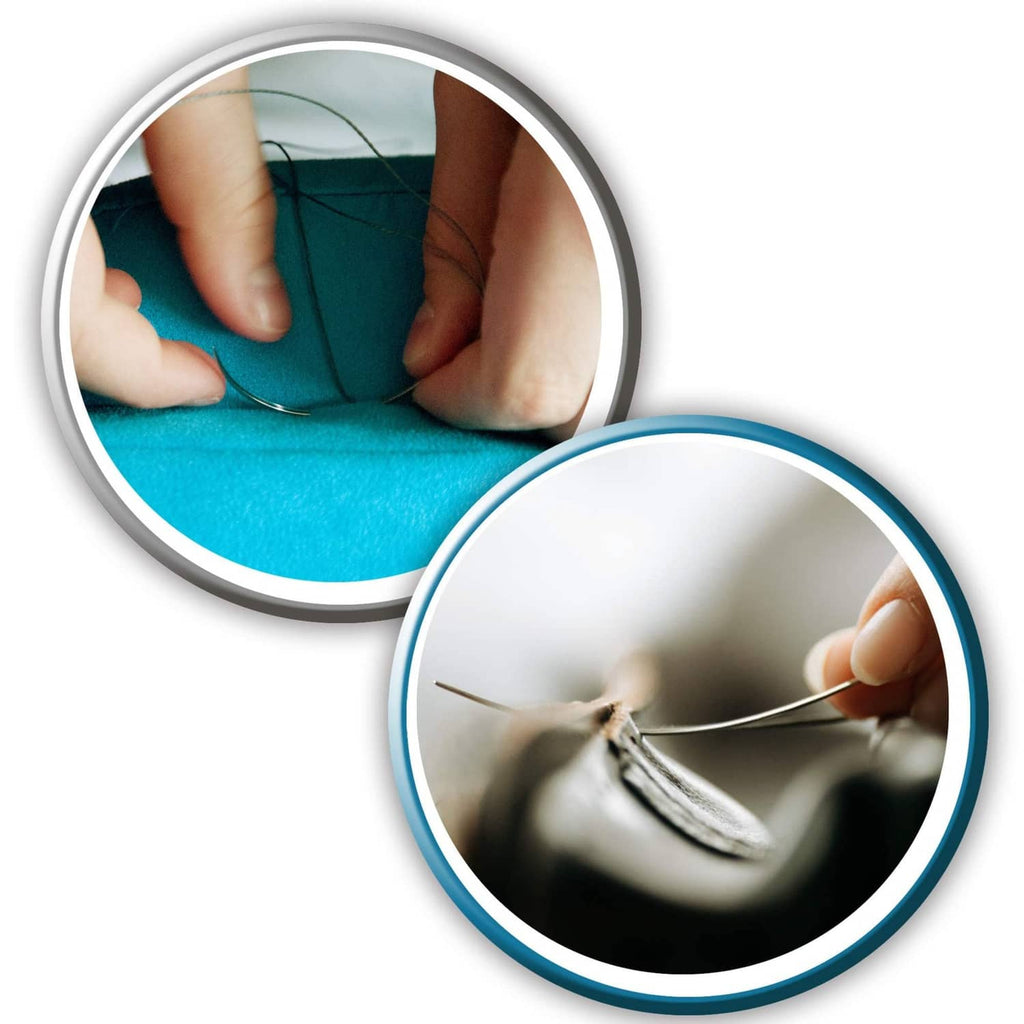 Hands using a long sewing needle to stitch fabric, blue cloth visible in circles