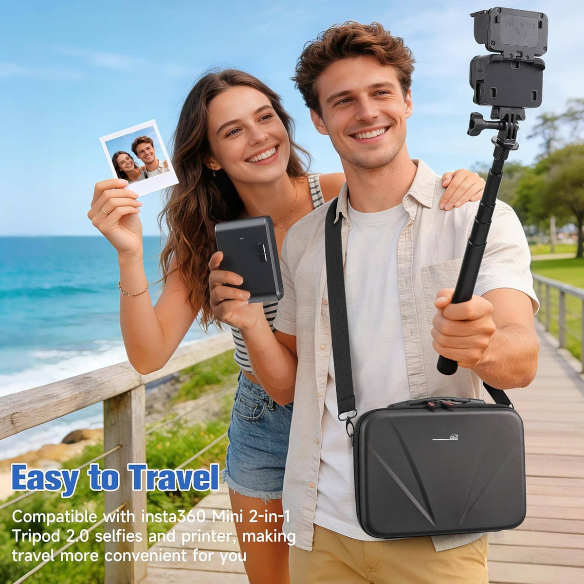 Black hard camera case with shoulder strap carried near tripod and accessories