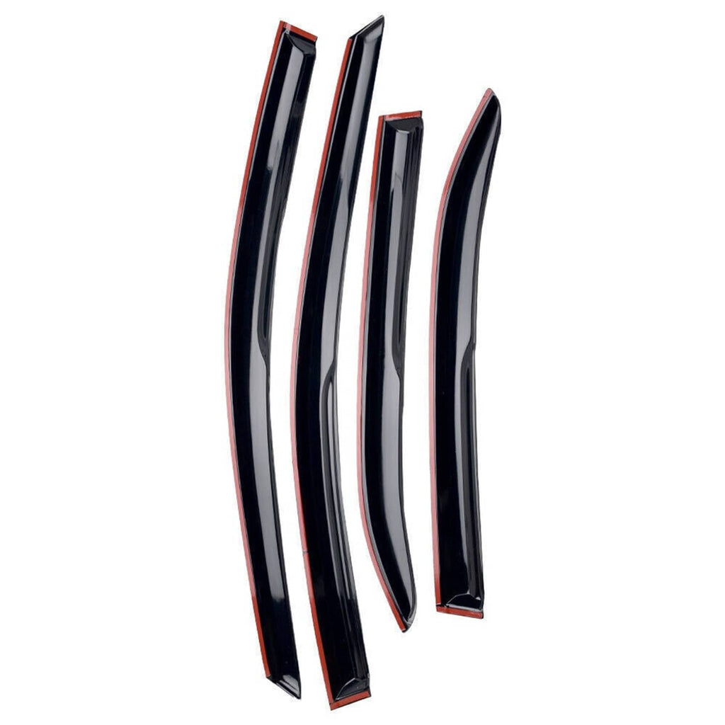 Set of black window rain guards with red-accented trim, curved profile
