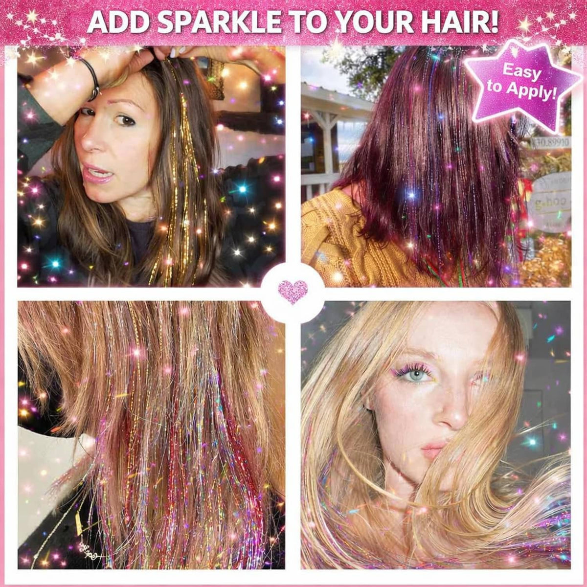 Hair tinsel extensions added to blonde and brown hair for a sparkling multicolor look