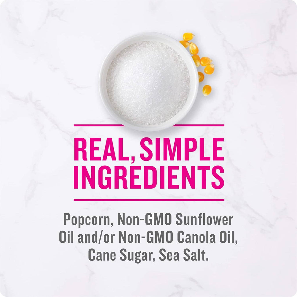 Ingredients panel for kettle corn listing popcorn, non-GMO sunflower oil, cane sugar, sea salt