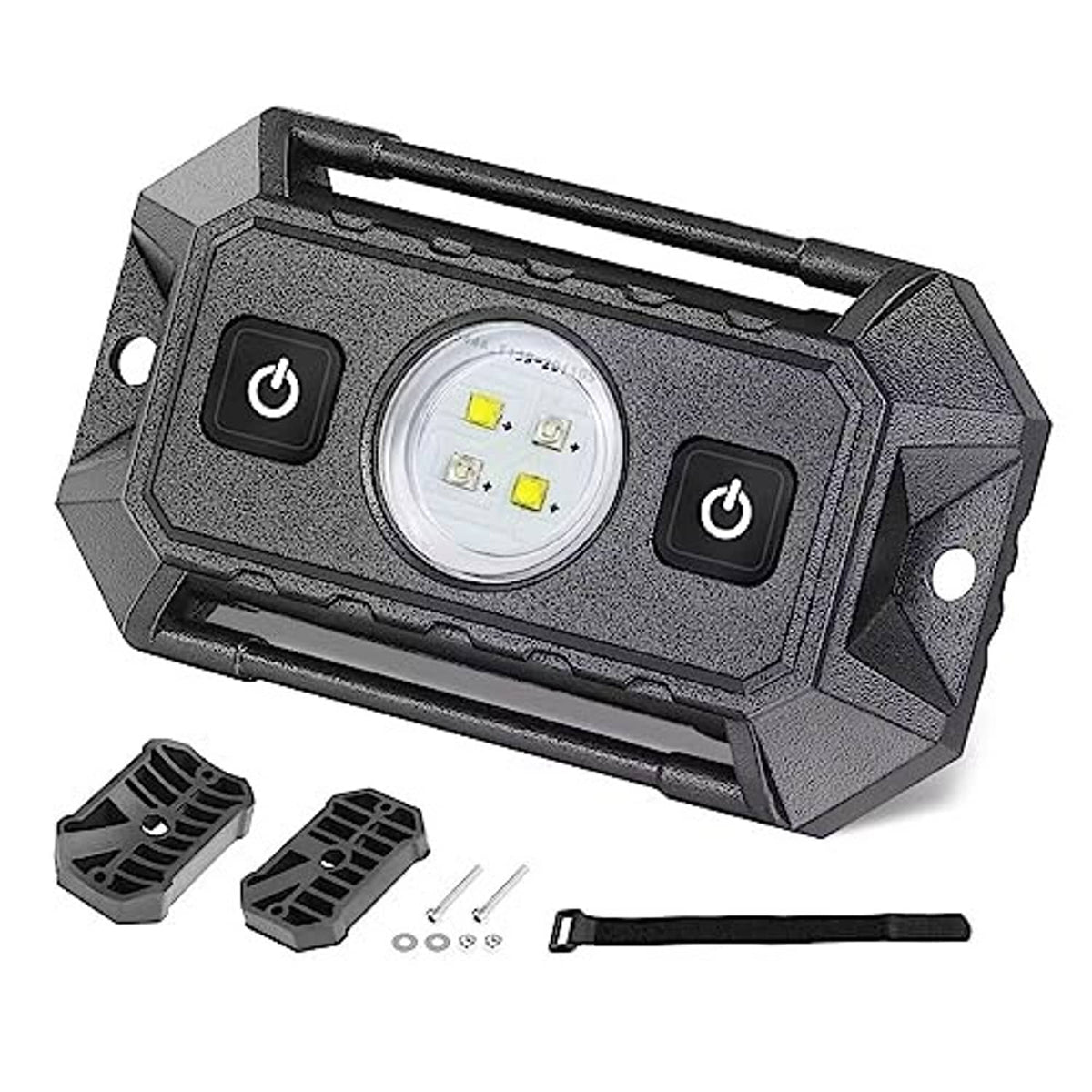 Universal UTV dome light with switch, black housing, lit round LED lens with power icons