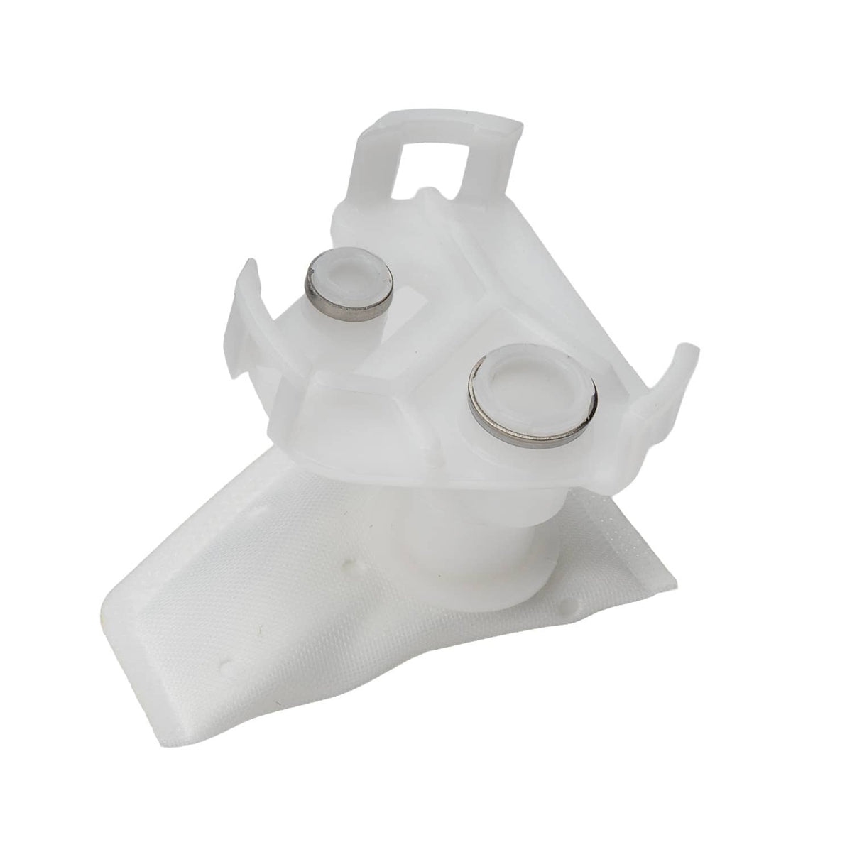 Fuel pump strainer assembly with white plastic filter and two metal caps